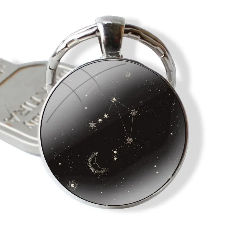 Keychain Handmade Glass Cabochon Key Ring Holder Pendant Key Chains Libra Constellation In Starry Dark Blue image 3
