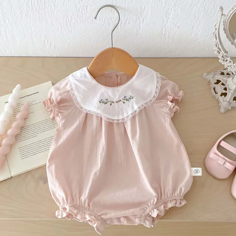 2025 New Summer Newborn Baby Girls Romper Short Sleeved Cotton Embroidery Splicing Toddler Baby Jumpsuit 0-24M Children Clothes