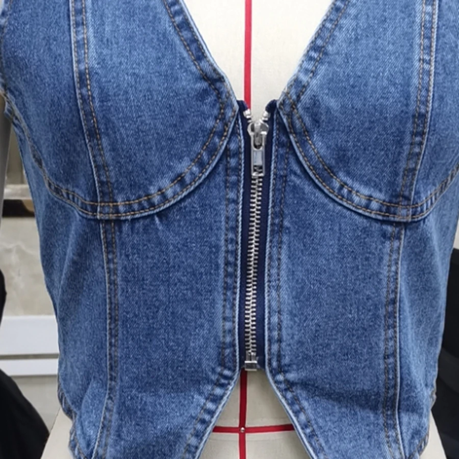 

Streetwear Women's Summer Jean Vest Waistcoat Sleeveless Deep V-neck Zip Up Denim Vest Tank Tops Jean Jacket