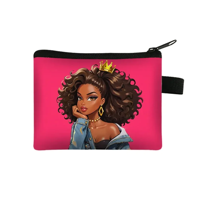 African Cartoon Girls Pattern Coin Purse Women Wallets Napkin Earphones Credit Card Money Bag Ladies Purses Cute Coin Pouch Bags