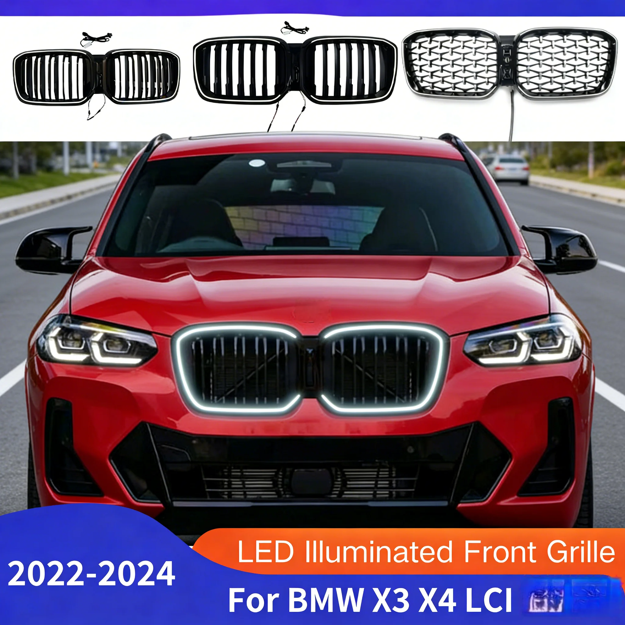 Grelha Frontal Iluminada por LED em ABS com Linha Dupla e 1 Barra Diamantada para BMW X3 G01 LCI X4 G02 25i 30i M40i 2022-2024