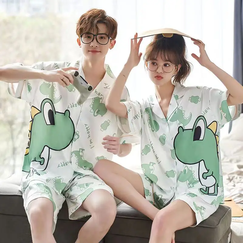 Couple Lovers Pajamas Set for Men Woman Cartoon Summer Thin Pyjama Dinosaur Sleepwear Ice Silk Matching Roomwear Home Clothes