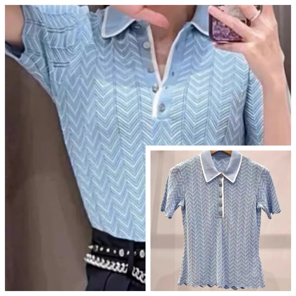 

Women Blue Wave Edge Sweater Herringbone Pattern Hollow Out Turn-Down Collar Female Short Sleeve Knit