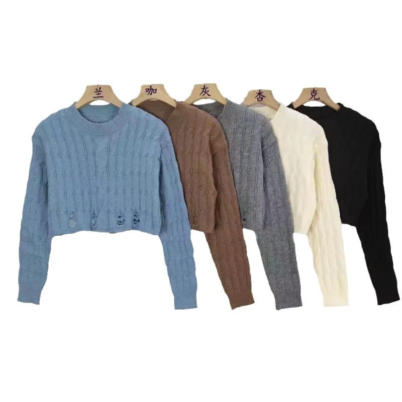 Korean Knitted Sweater Women Round Neck High Waist Short Style Pullover Long Sleeve Top