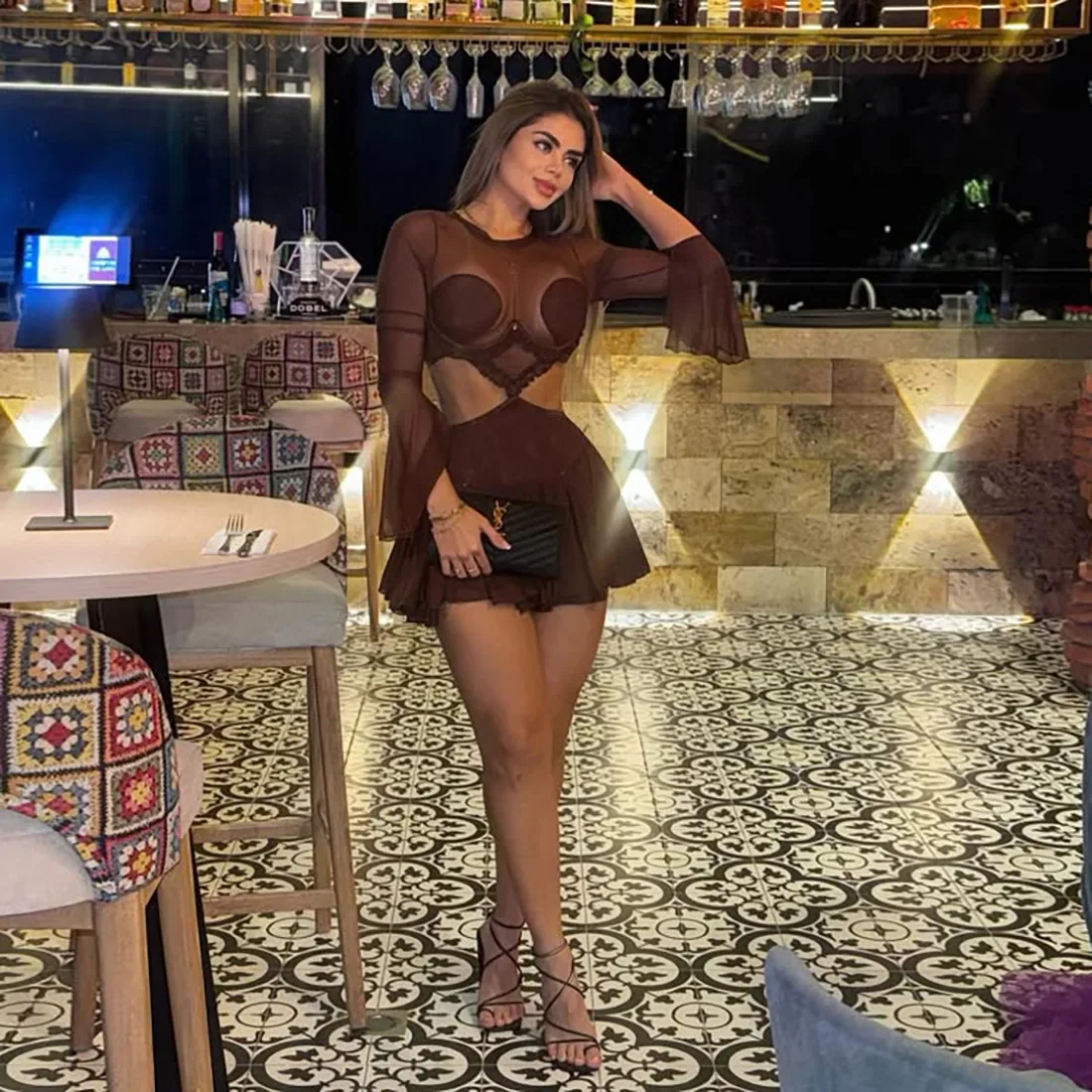 DSMTRC Donna O-Collo Manica intera Volant Hollow Abiti senza vita Midnight Club Party Abiti aderenti sexy Mini abito patchwork in rete