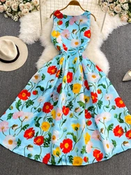 Women Elegant Blue Floral Dress Summer Slim Sleeveless High Waisted A-line Vintage Party Dresses Ladies Printed Casual Long Robe