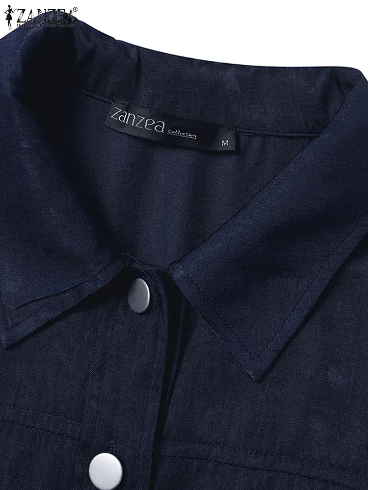 ZANZEA Zimowe Damskie Jesienne Kurtki Jeansowe Codzienne Płaszcze Moda 2025 Kołnierz z Klapami Długi Rękaw Odzież Wierzchnia Vintage Kieszenie Top Odzież Wierzchnia