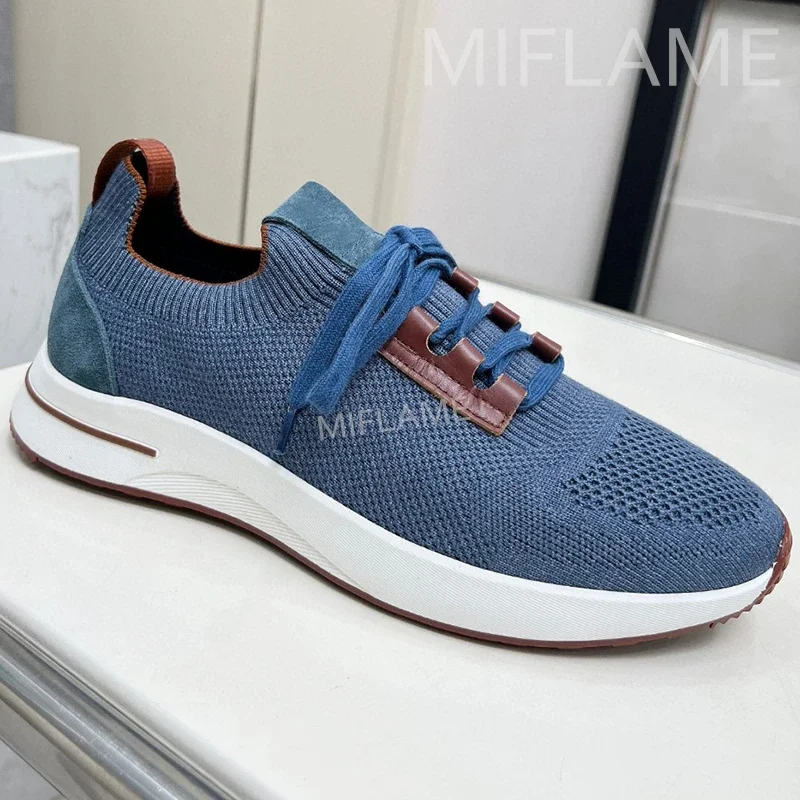 Luxury Brand Knitted Sneakers Flat Shoes Men Slip On Round Toe Lace Up Lazy Loafers Comfy Shoes Casual Driving Shoes For Men