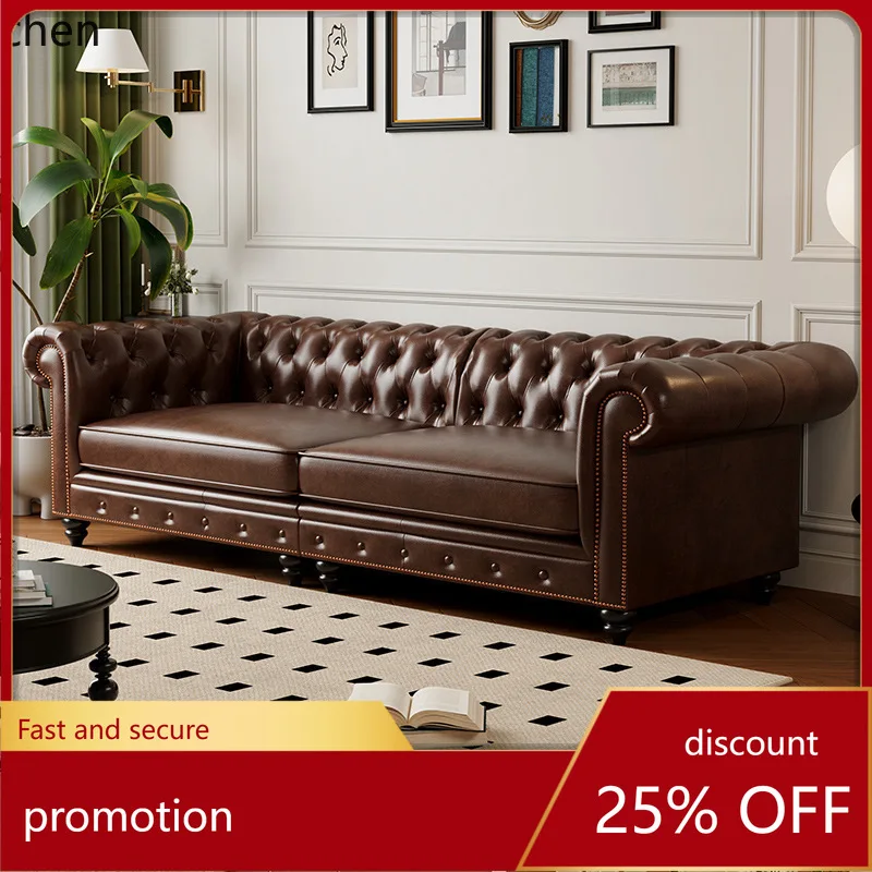 HT Solid Wood Genuine Leather Sofa Retro Living Room Single Double Three Four Seater Combination Oil Wax Leather Home Furniture
