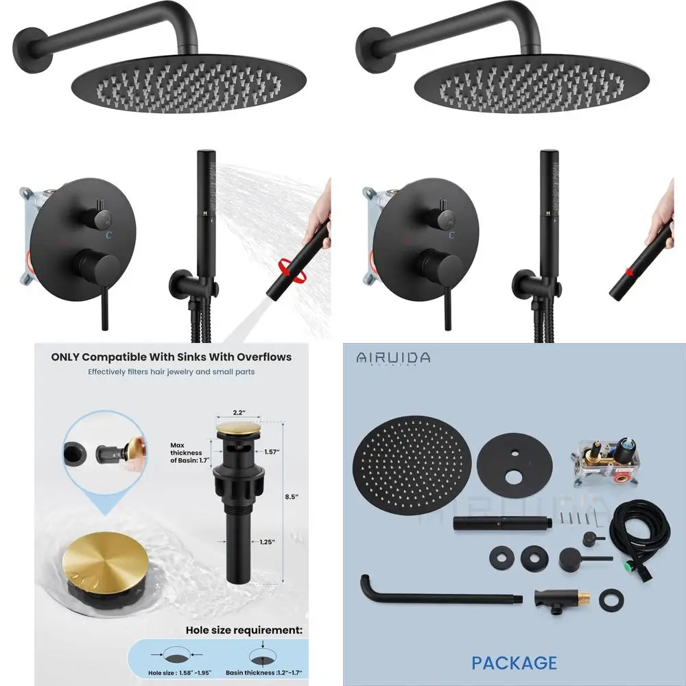 

Настенный ручной душ из высококачественной латуни с круглой дождевальной лейкой 12 дюймов, матовое черное покрытие