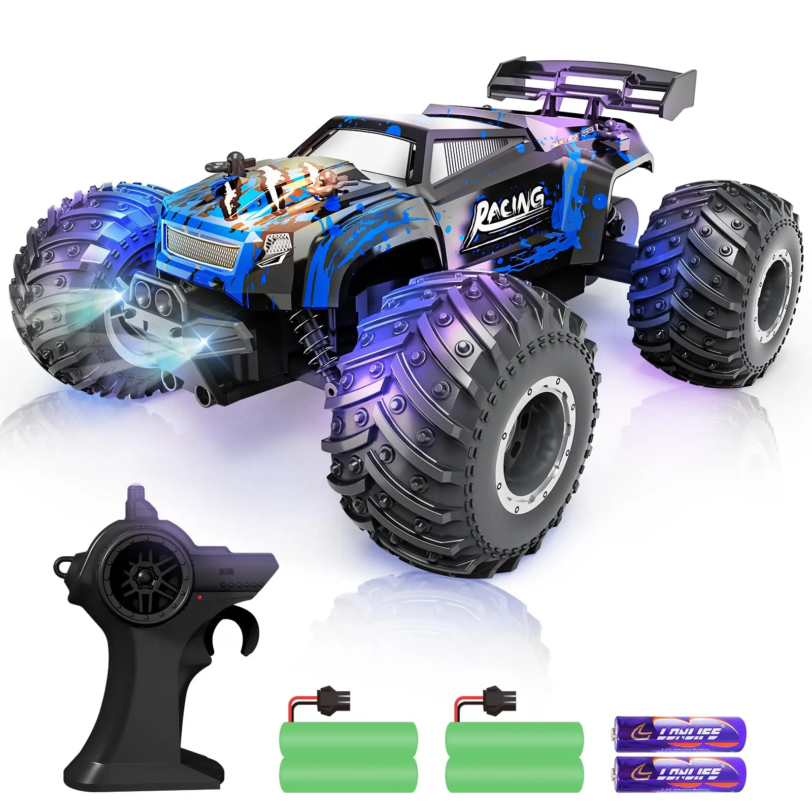 Tecnock RC Cars for Kids, 1:18 Scale 25 KM/H Fast Remote Control Car for Adults, 2.4GHz 2WD Off Road Monster Truck with Lights