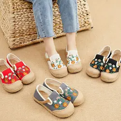 Ethnic Vintage Women Slipper Summer Flat Shoes Linen Woven Wedge Cloth Shoes Soft Sole Walking Sandal Ladies Casual Flat Shoes