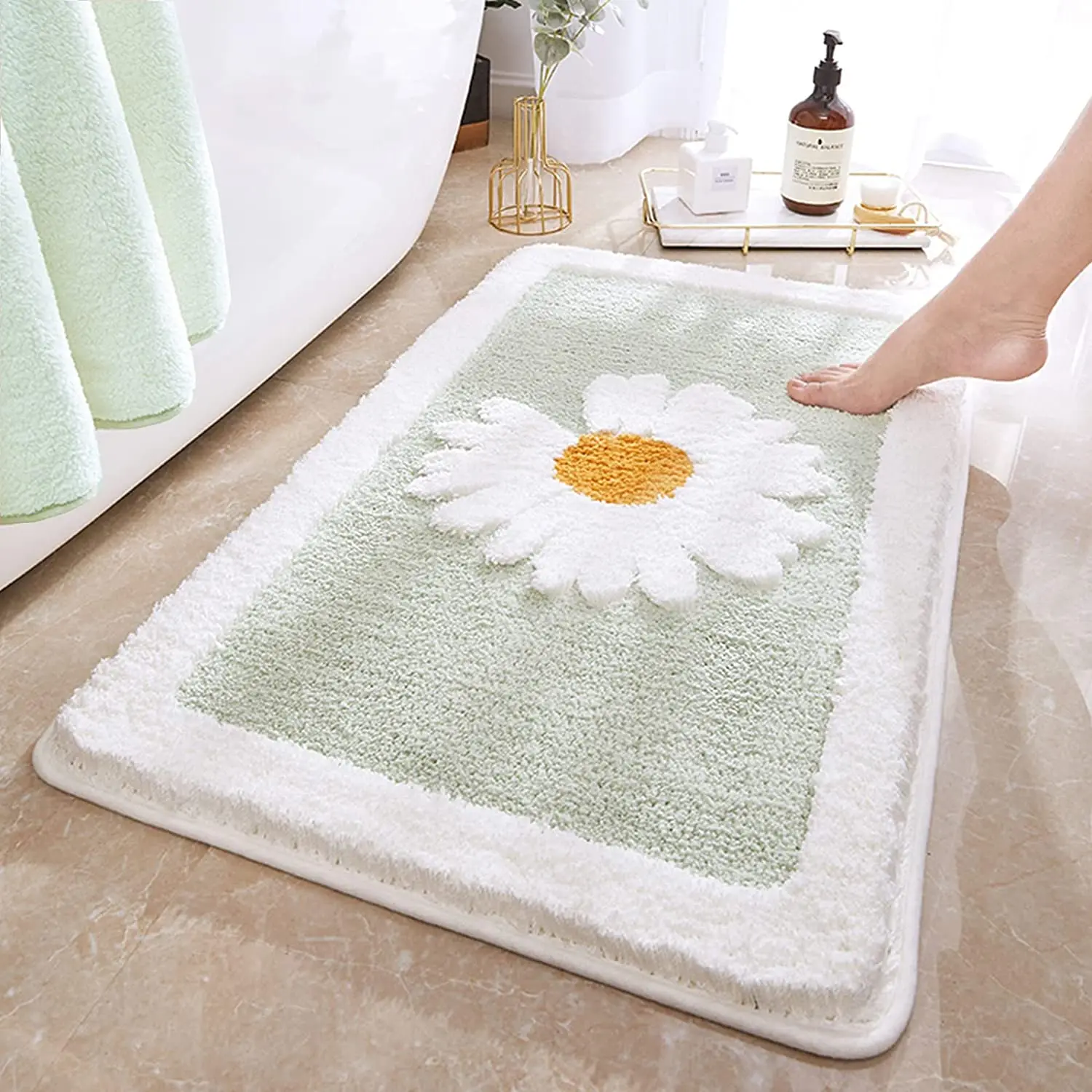 Geschenk: Grüne Badematten – Modische Blumen-Badteppiche mit Flockdruck, strapazierfähige Indoor-Gänseblümchen-Badematte, geeignet für Badezimmerteppiche