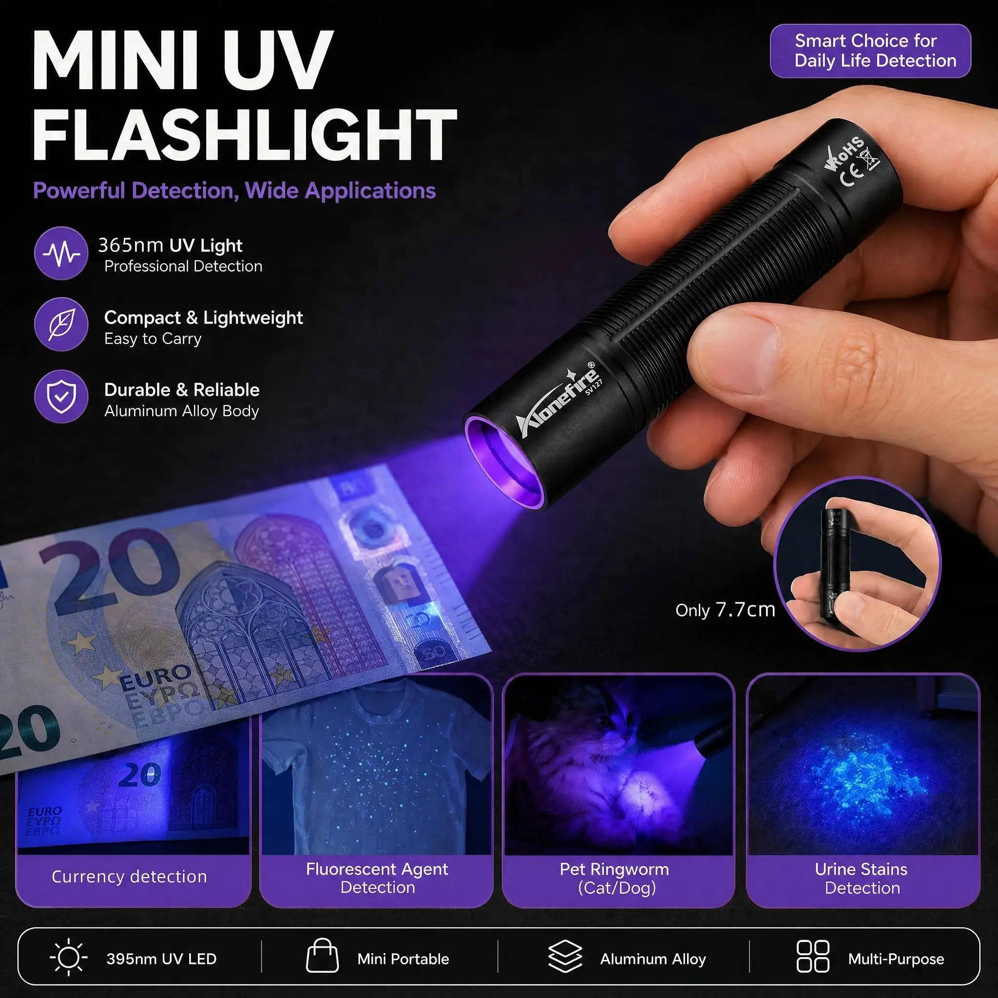 365nm/395nm Mini UV-LED-Taschenlampe USB-Aufladbar Nagellicht-Taschenlampe Haustier-Urin Tinea Geld Porzellan Jade Skorpion Prüflampe