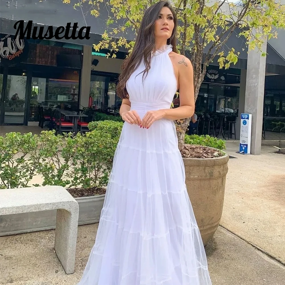 

Musetta Tulle Prom Dresses 2025 Halter Tiered Long Formal Evening Party Gowns Sleeveless Women Special Occasion Dress Customized