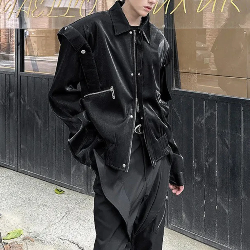 

Mens Liquid Metal Shiny Shoulder Pad Biker Casual Jacket Autumn Streetwear Fashion Motorcycle Short Jacket Men'S Clothing 2025