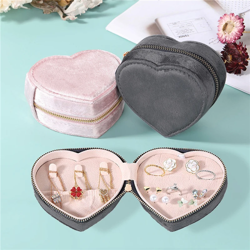 Fashion Heart Shaped Velvet Jewelry Box Mini Travel Portable Zipper Jewellery Display Cases For Necklace Ring Earrings Bracelet