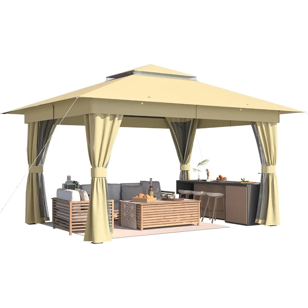 10 ' x13 ' Canopy Gazebo,Heavy Duty Party Pavilion with Double Roofs, Outdoor Pergola with Curtains and Nettings for Deck, Lawn