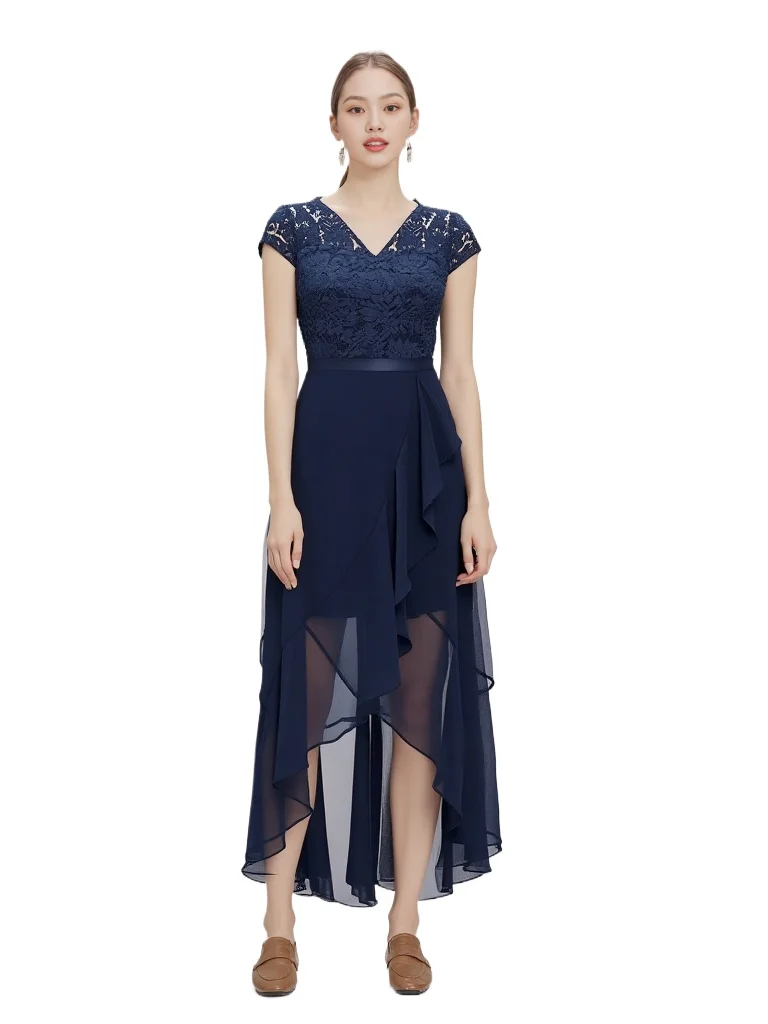 

Chic V-neck High Low Chiffon Lace Long Party Dress With Short Sleeves