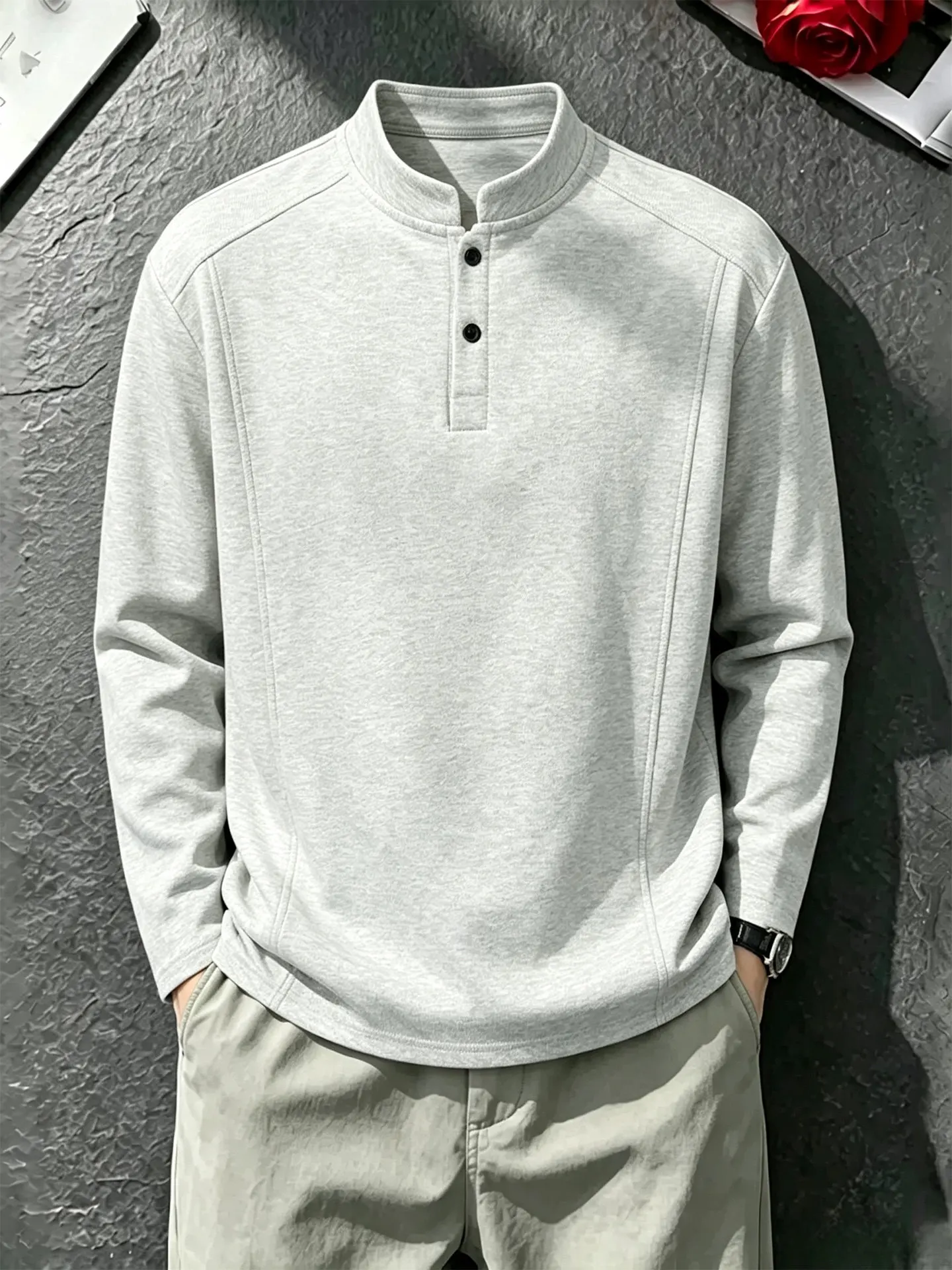 Men's Long Sleeve T-Shirt Henry Collar Patchwork Sweatshirt Early Autumn Fashion Casual Loose Fit Polyester Cotton Blend