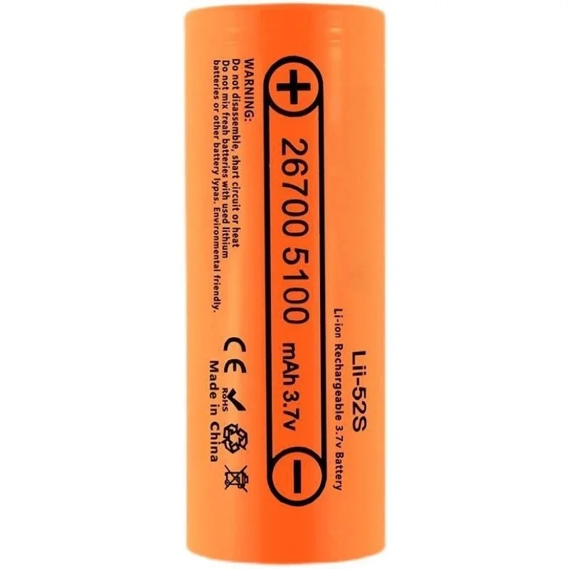 High Capacity Lii-52S Grade A 26700 Rechargeable Lithium Battery 3.7V Flat Head 5100mAh for Flashlight