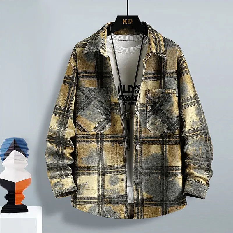 Camisa casual de mangas compridas masculina de alta qualidade padrão de grade jaqueta jeans 2025 primavera outono nova chegada camisas de moda masculina