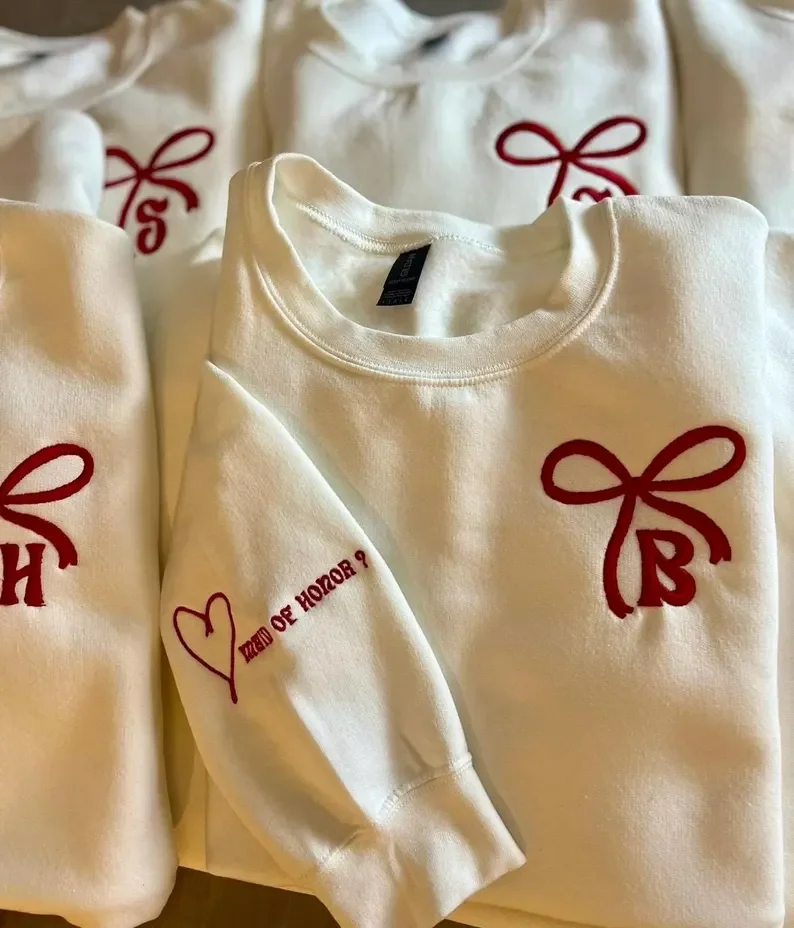 

Custom Bow Bachelorette Embroidered l Bride Bridesmaid Custom Sweatshirts I Wedding Sweatshirts l Bachelorette Wedding Favors