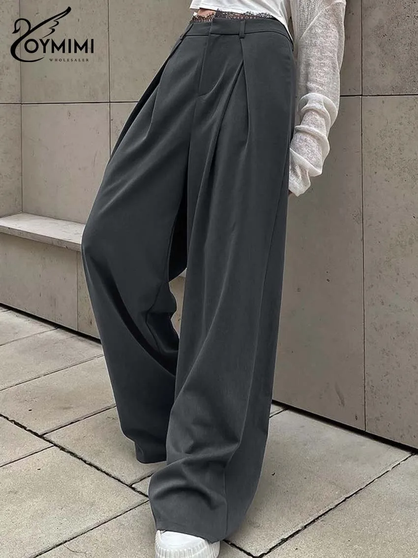 

Oymimi Fashion Grey Lace Women's Pants Elegant High Waisted Zipper Trousers Casual New Solid Full Length Pants Woman Clothing