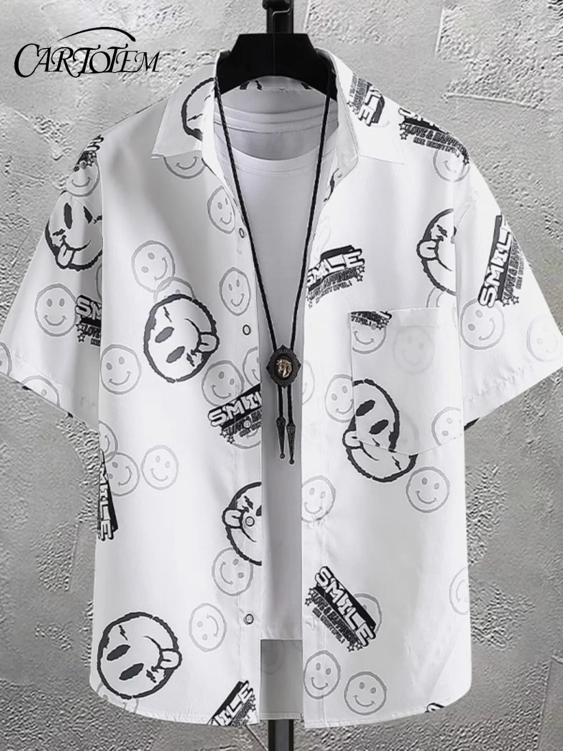 

Мужская рубашка с коротким рукавом, летняя свободная дышащая тонкая повседневная рубашка со смайликом и буквенным принтом