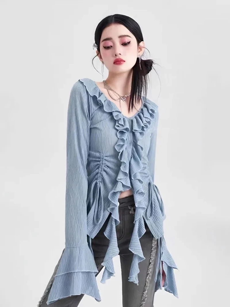 

Chic Design Ruffles T Shirts Women Elegant Slim Fit Flare Sleeve Tops Sexy V Neck Irregular Female Spring Fall Drawstring Tees