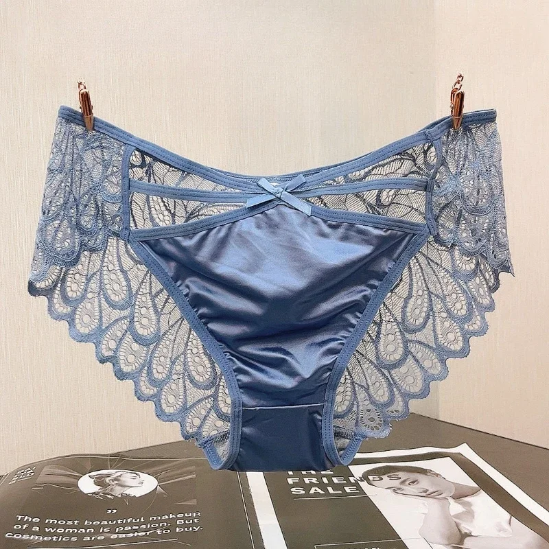 

Plus-size Mid-waist Underwear Sexy Lace Satin Pants Ice Silk Cool Breathable Briefs Cotton Crotch Shorts Girl Breathable Panties