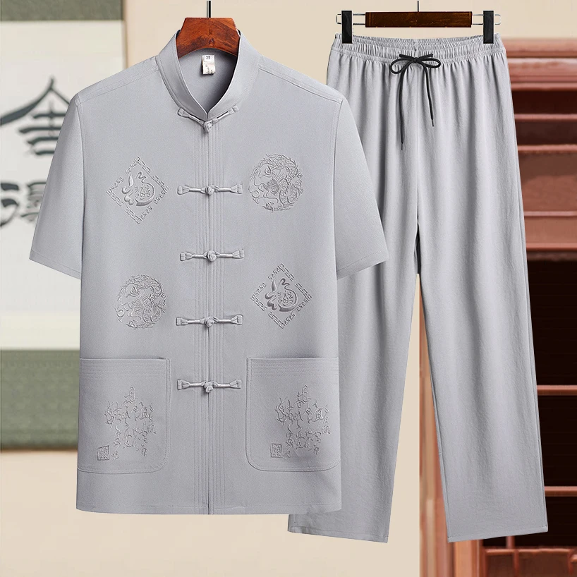 short-sleeve-mandarin-collar-shirt-pants-summer-casual-lounge-wear-for-dad-men's-tang-suit-set-vintage-chinese-embroidery-frog