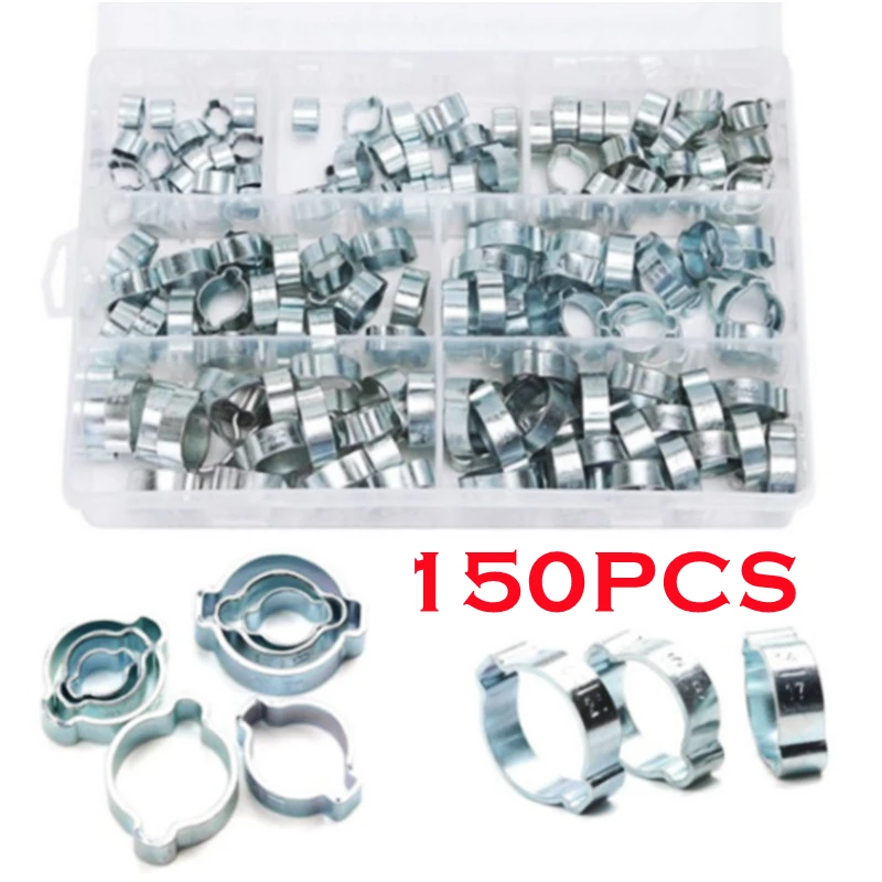 

150PCS ZInc Plated Double Ear O Clip Air Fuel Hose Petrol Pipe Tube Clamp Worm Drive Fuel Water Hose Pipe Clip Kit