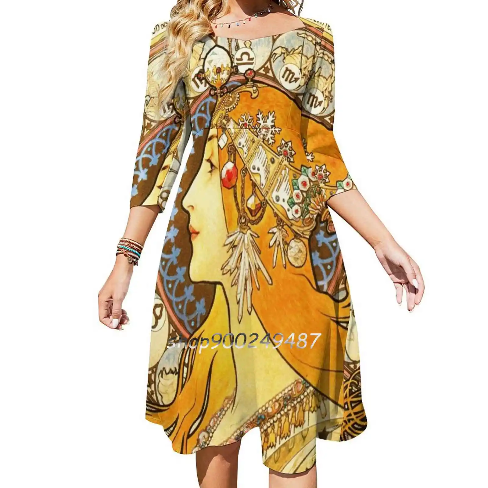 La Plume Zodiac-Alphonse Mucha Long Sleeve Sexy Dresses For Women 2022 Ladies Vintage Elegant Party Dress La Plume Zodiac