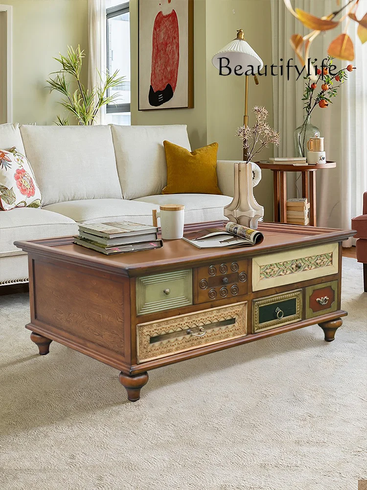 American-Style Retro Coffee  Solid Wood Double-Sided Decoration Tea Table Storage Tea Table Classical Low Table