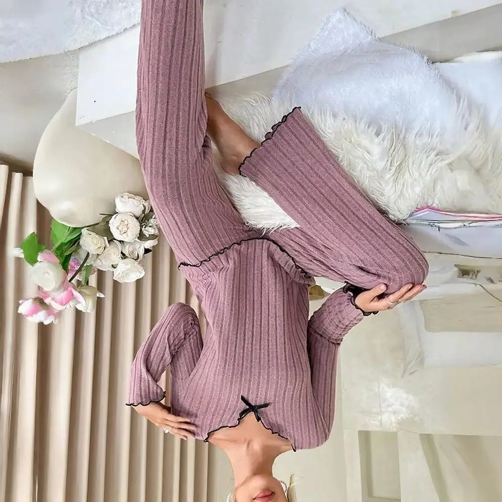 

2025 Women Ribbed Sleepwear Autumn New Pajamas Set V-Neck Long Sleeve Lace Trim Tops Elastic Waist Long Pants Set Home Clothing