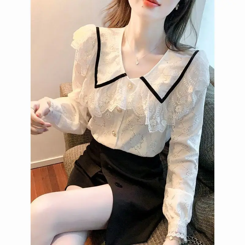 French Style Doll Collar Long Sleeved Chiffon Shirt Women Autumn Fashion New Style Temperament Anti-aging Top Chic Little Shirt