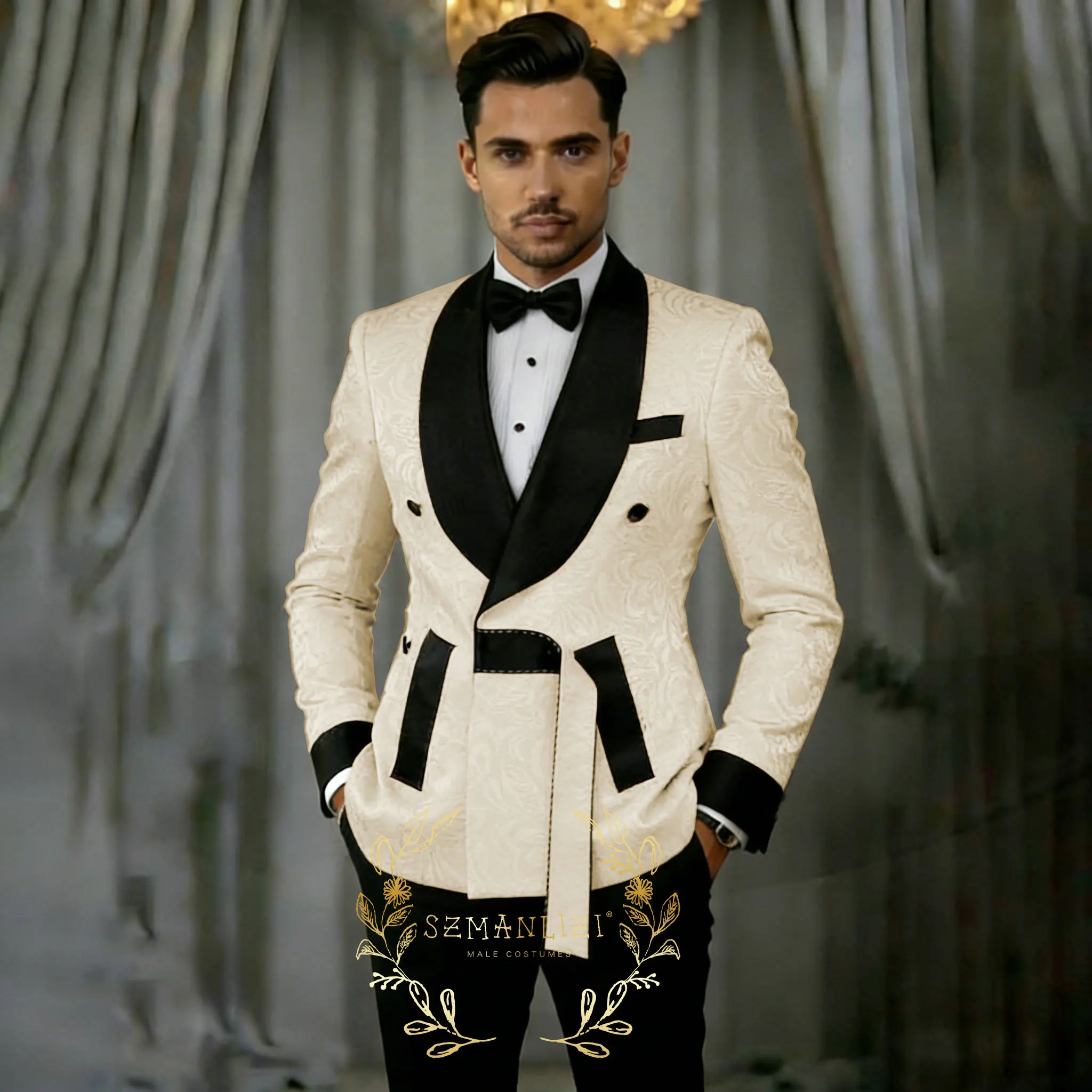 

Элегантный бежевый жаккардовый мужской костюм-двойка с двубортным пиджаком, модный смокинг для жениха, свадебный, для выпускного вечера, мужской костюм приталенного кроя