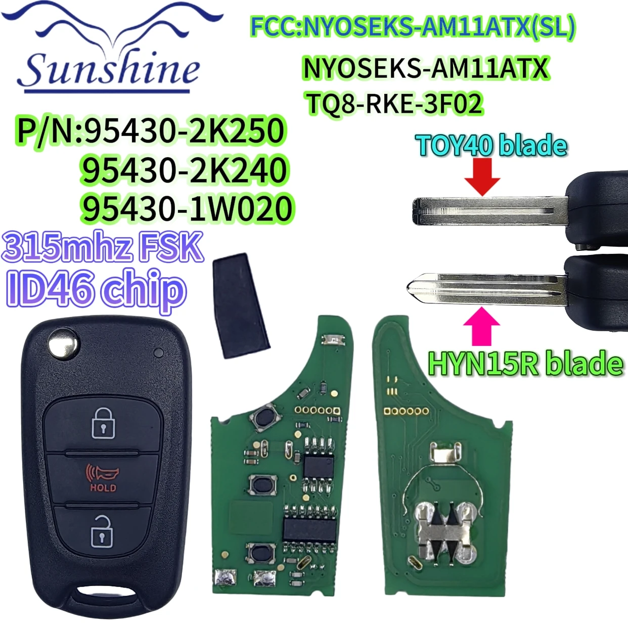 

NYOSEKSAM11ATX 9543-2K250 95430-2K340 TQ8-RKE-3F02 Kia Soul Sportage 2010 -2013 Remote Car Key , Fob 2+1 Button 315MHz ID46 Chip