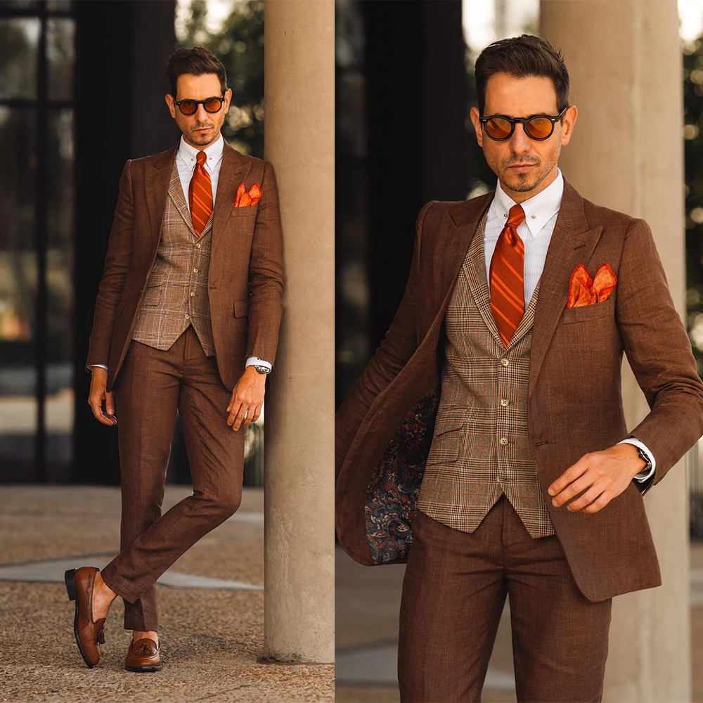 

Brown Men Suit Tailor-Made 3 Pieces Blazer Plaid Vest Pants Tuxedo One Button Business Work Fashion Wedding Groom Prom Tailored