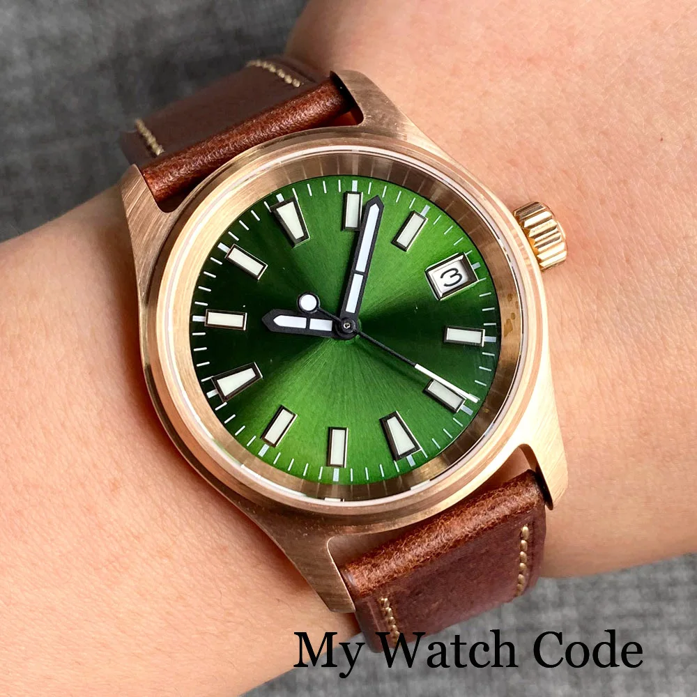 36mm Small Waterproof Dive Selfwinding Watch Male Real Bronze NH35 Movt Military Pilot Wristwatch Leather Strap Green Lume