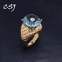 CSJ Big Stone 11ct Aqumarine Rings Yellow Gold Amethyst Topaz Citrine Firework Cut 15mm for Women Party Jewelry Gift