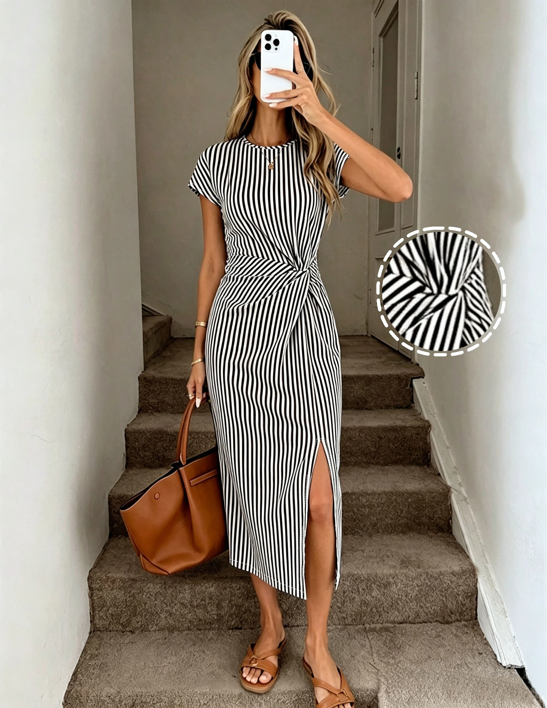 Women's temperament elegant design sense waist twisted round neck cinched waist slit short sleeved dress view 5