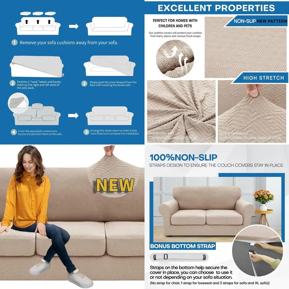 

XINEAGE 2025 4-Piece Stretchy Sofa Slipcovers for 3-Cushion Couches - Thick, Soft, Anti-Slip Cover for Furniture Protection (Kha
