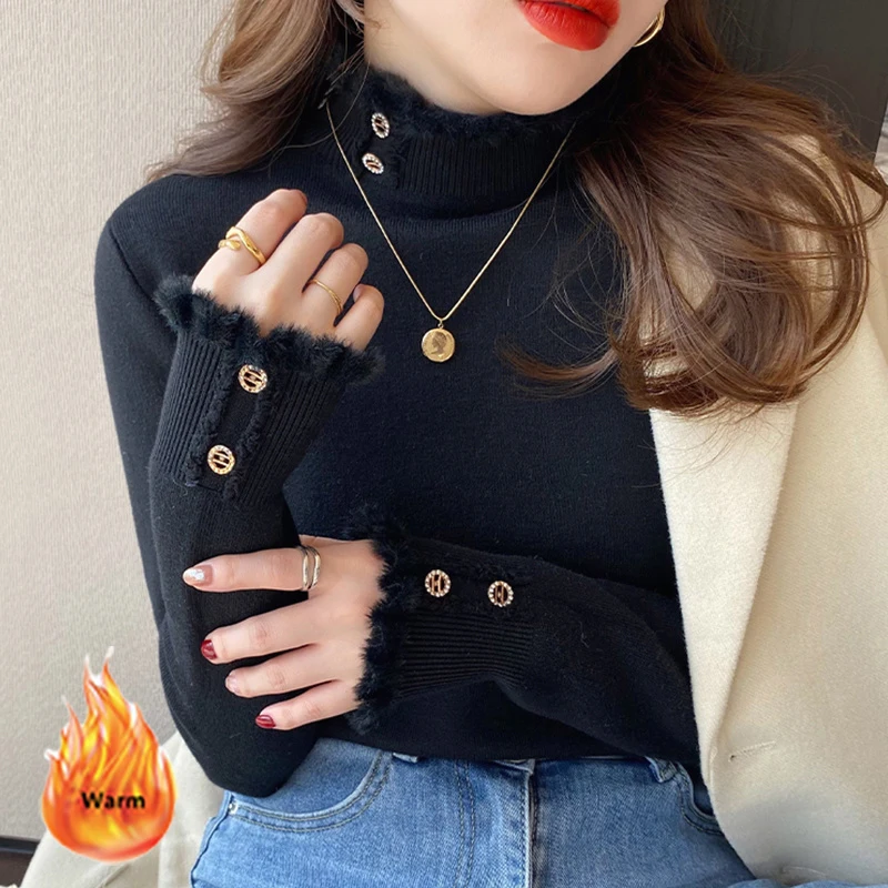 Korean Plush Velvet Winter Sweater Women Sweet Ruffles Half High Collar Knitted Bottoming Pullover 2024 Fall Design Knitwear Top