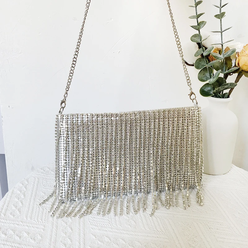 

Bling Diamond Tassel Mobile Phone Bag for Women Evening Handbags Sling Female Aluminum Metal Mesh Bag Purse