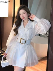 Woherb Temperament Robe Femme Turn Down Collar Belt Woman Dress Slim Waist A-line Vintage Vestido 2024 Korean Chic Solid Dresses