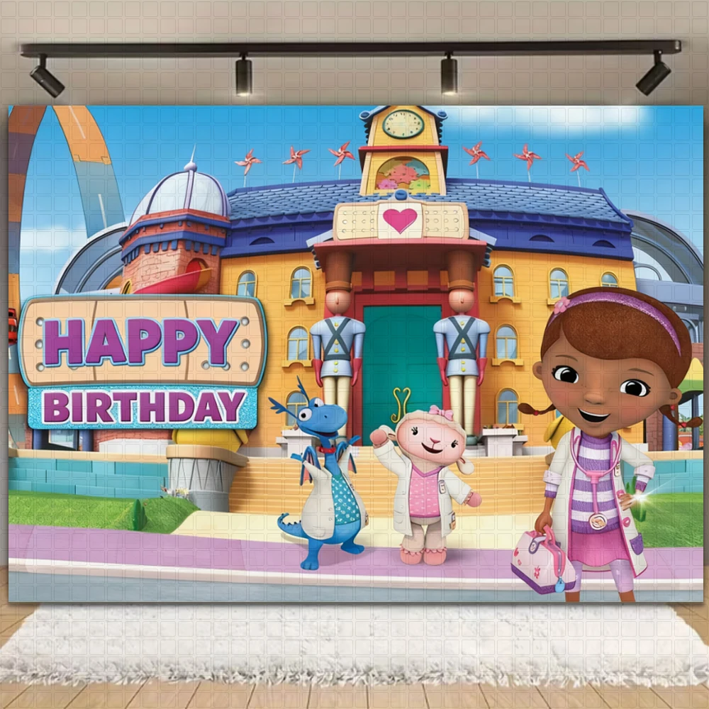 لعبة Doc McStuffins لتزيين حفلات أعياد الميلاد للطبيب، خلفية لطيفة على شكل فتاة كرتونية للأطفال، خلفية دعامة للصور، مستلزمات استحمام الطفل #5