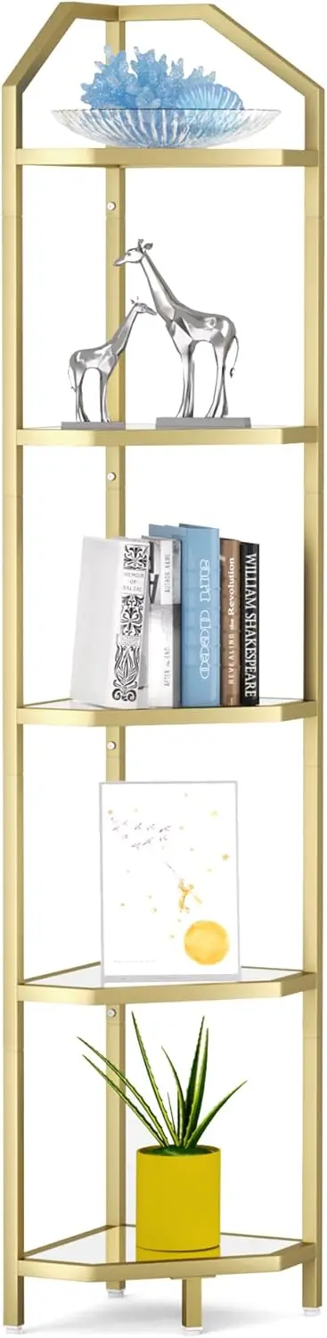 

5-Tier Corner Shelf Stand, Gold Modern Storage Rack for Living Room, Bathroom, Kitchen with Tempered Glass and Steel Frame