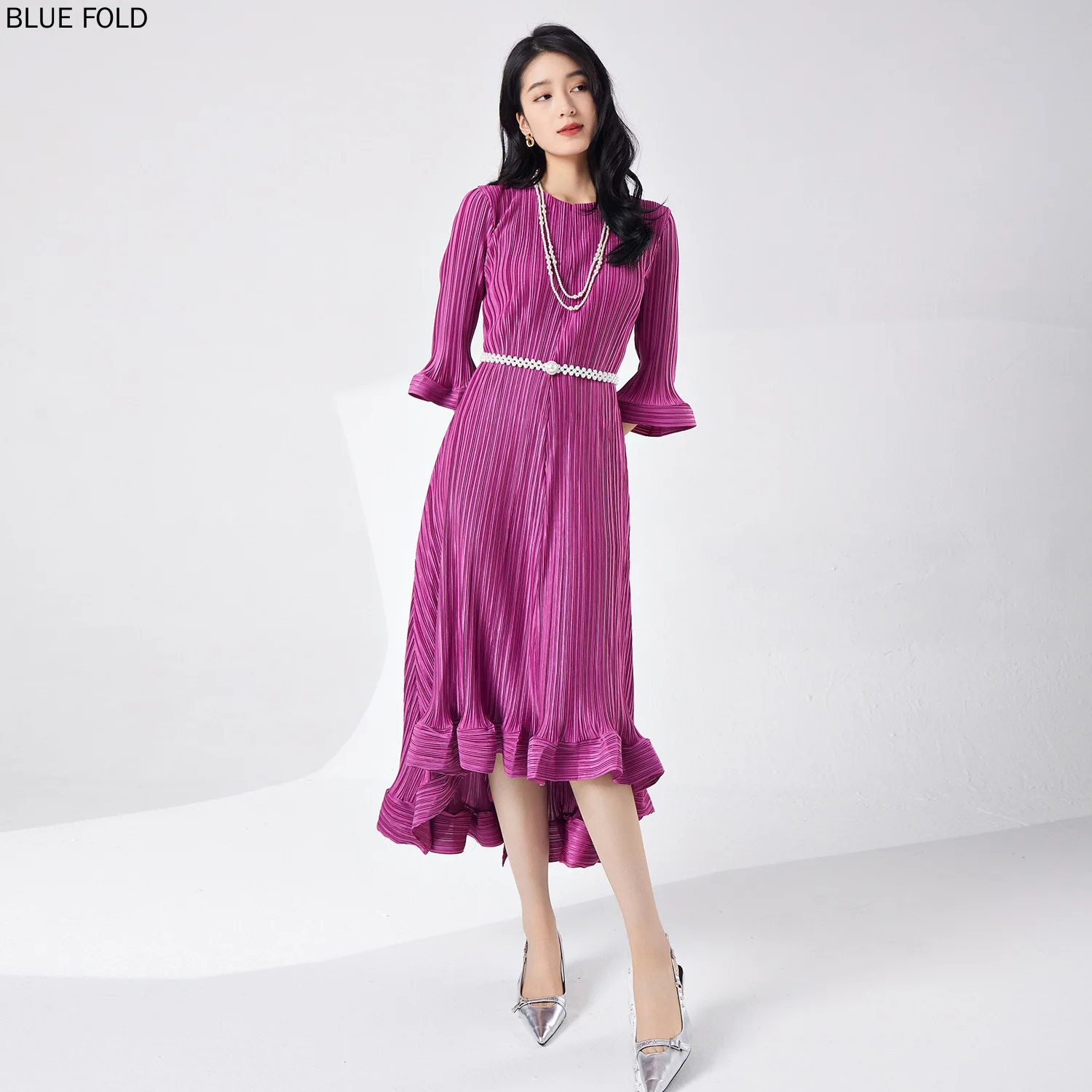 Miyake Summer Dress for Women High-grade Five-point Sleeves Loose Lace-up Irregular Temperament Elegant French Dress PLEATS Robe